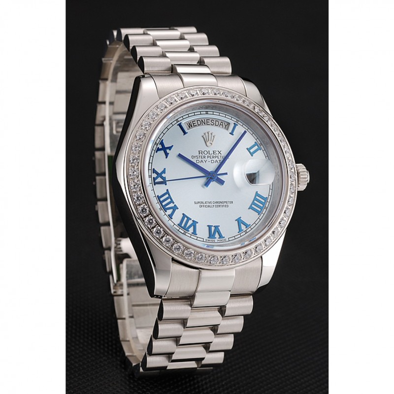 Orologi replica Rolex Day-Date con quadrante blu ghiaccio e cassa in diamanti e bracciale in acciaio inossidabile 1453962