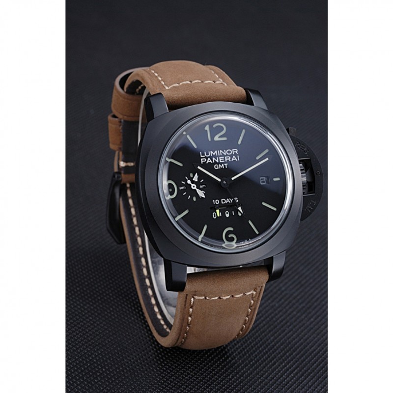 Panerai Luminor GMT Ion Plated Stainless Steel Bezel Khaki Leather Bracelet 622315 Replica Watches