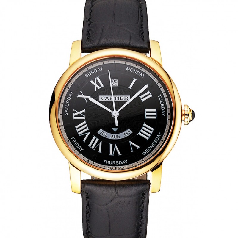 Swiss Cartier Rotonde Annual Calendar Black Dial Gold Case Black Leather Strap Replica Watches