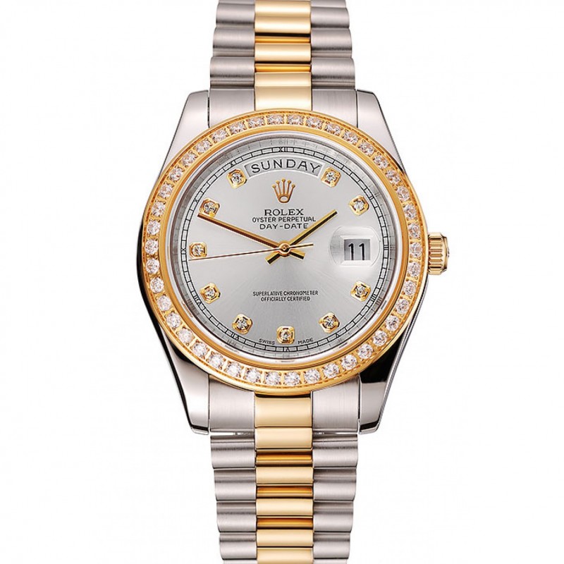 Swiss Rolex Day-Date White Dial Gold Diamond Case Two Tone Stainless Steel Bracelet 1453971 Replica Watches