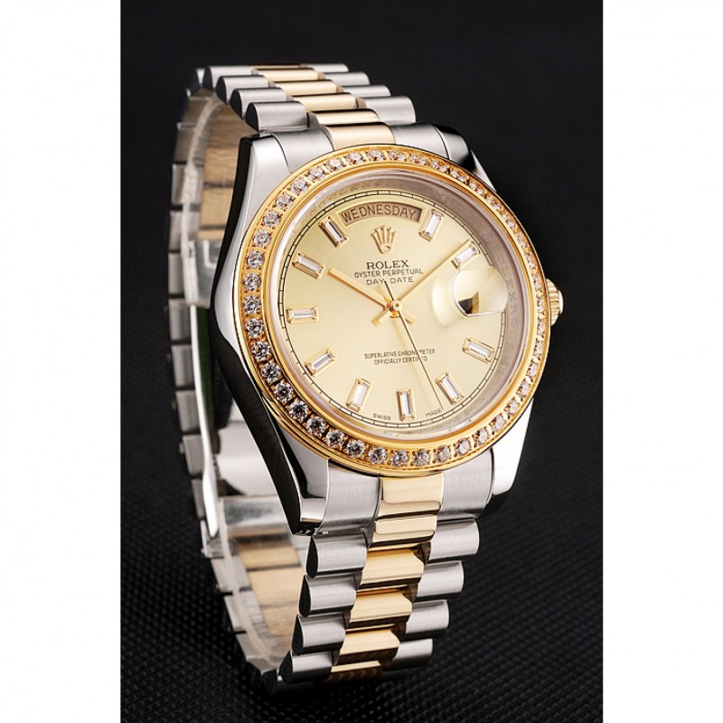 Swiss Rolex Day-Date Champagne Dial Diamond Bezel Two Tone Bracelet 1454103 Replica Watches