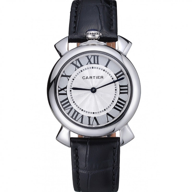Cartier Rotonde Blue Crown Black Leather Bracelet 621975 Replica Watches