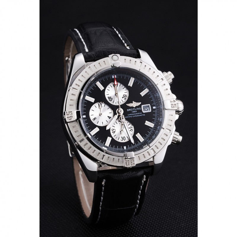 Breitling Chronomat 13 Stainless Steel Case Black Dial Black Leather Bracelet 622237 Replica Watches