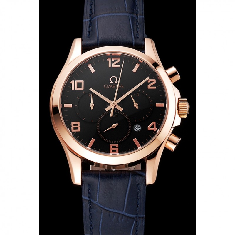 Omega Chronograph Black Dial Rose Gold Case Blue Leather Strap Replica Watches